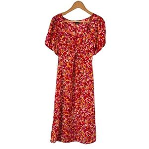 Sanctuary Red Floral Midi Dress Size 4 Puff Sleeve Bloom Cottage Retro Garden